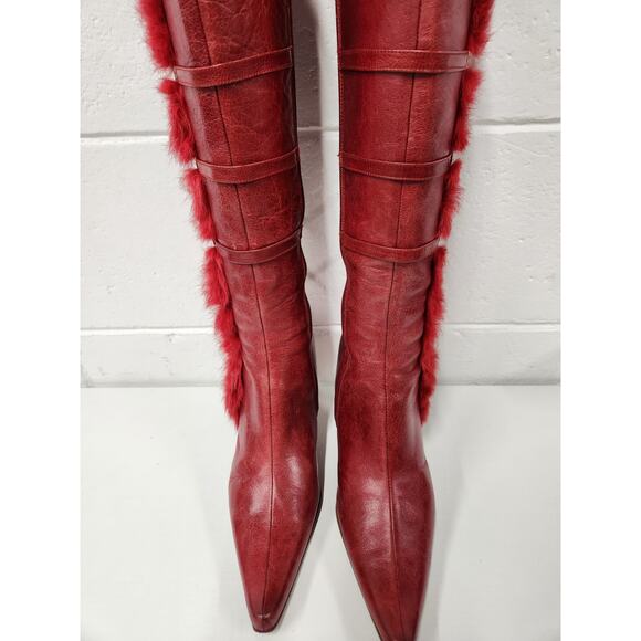 Vintage Beston Women's Red High Heels Tall Boots, Sz 7. Buckle/Rabbit Fur Accent - Picture 4 of 14